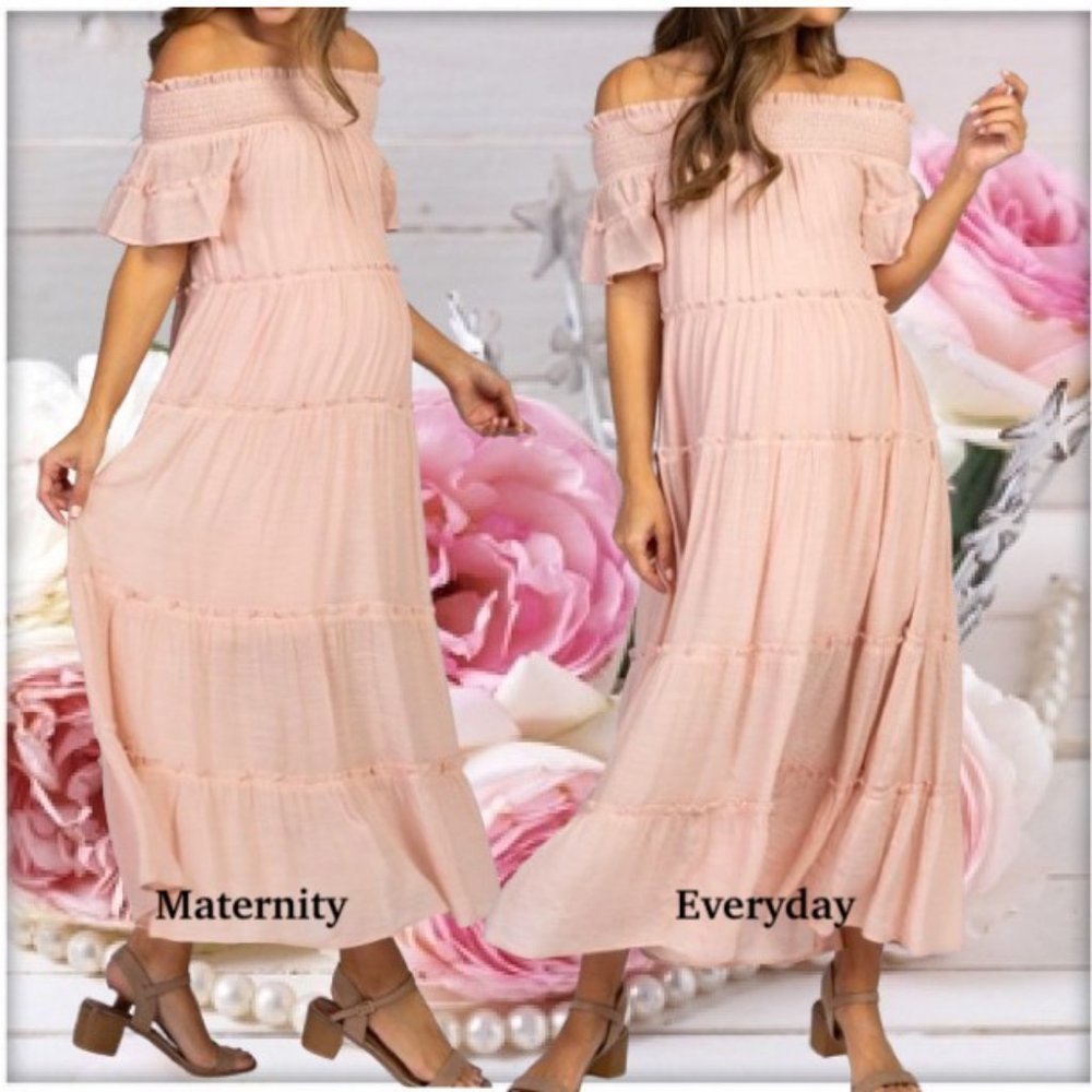PinkBlush Mauve Off Shoulder Tiered Everyday or Maternity Maxi Dress Size S